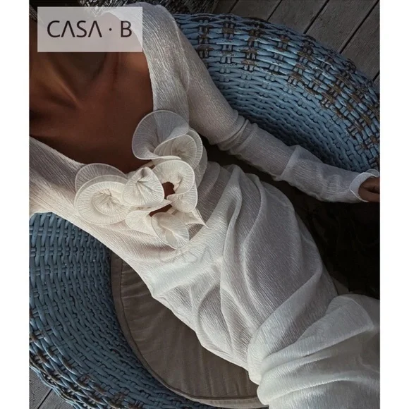 NEW to CASA B💫| Sameera Floral Declotte Shirred Ivory Sheer Midi Dress - Picture 7 of 12